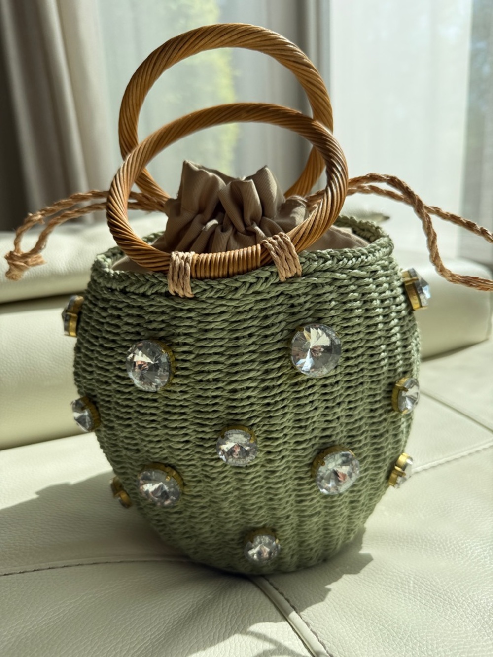 Zara Rhinestone‎ Crystal Embellished Mini Straw Bucket Bag-
